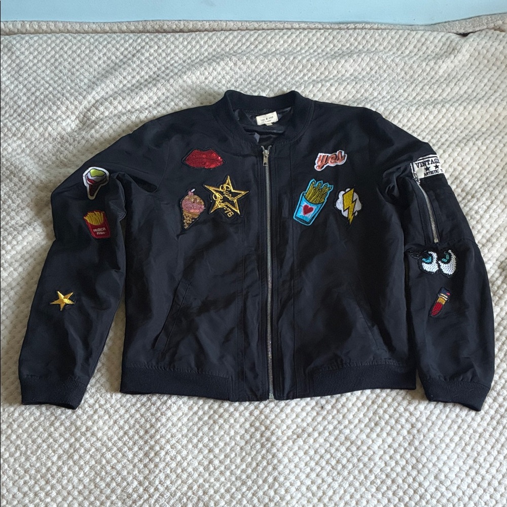 Tea&Cup Black Food Embroidered full zip Bomber Jacket Used with Love Size MED